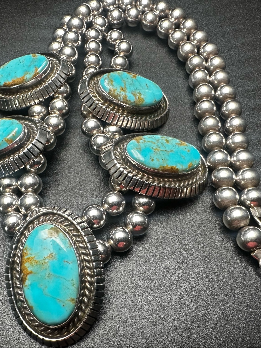 Richard Curley Navajo Sterling Silver Turquoise Necklace, RCC Hallmark, 5-Stone - Picture 4 of 6